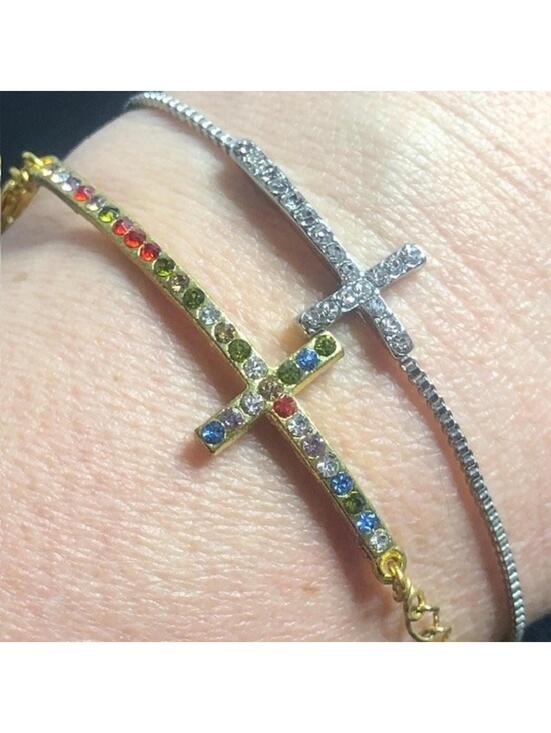 Jewelry - B1518 Lot of 2 Cross Bracelets Rainbow Crystal Slider Gold/silvertone 6"-7.25"